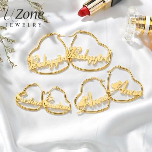 UZone 1 Pair Stainless Steel Custom Name Heart Earring Personalized Letter Nameplate Hoop Earrings For Women Girls Birthday Gift