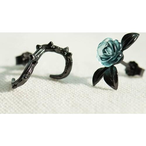Vintage Thorn Rose Flower Stud Earrings for Women Blue Crystal Asymmetric Earrings Fashion Wedding Jewelry Girlfriend Gift