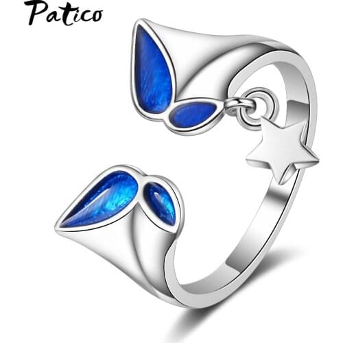 Blue Butterfly 925 Sterling Silver Opening Rings Women Star Personality Tail Ring New Design Handmade Fine Jewelry
