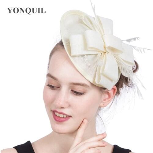 Nice Feather Ladies Party Pillbox Hats On Hair Bands Ivory Wedding Hair Fascinators Hair Accessories For Women Church SYF214