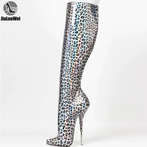 18CM Super High Heel Women Sexy Leopard Print Metal Thin Heels Pointed Toe Ladies Sexy Fetish Knee-high Boots Big Size 36-46