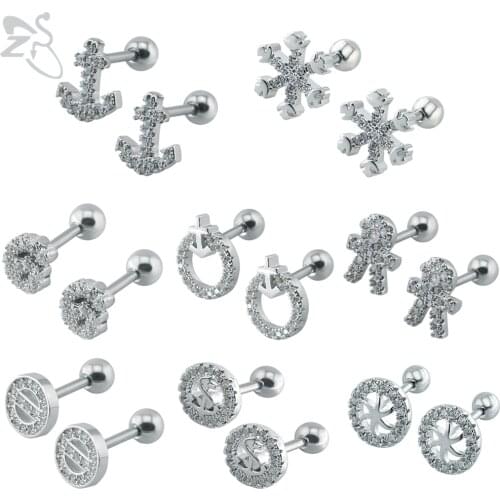 ZS 2 Pcs Round Shape Stainless Steel Earrings For Women Girls CZ Crystal Stud Earring Jewelry Accessories Gift Brincos Clearance