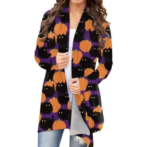 Women Sweaters Autumn Loose Cardigan Cat Pumpkin Print Long Sleeve Halloween Sweater Womens Clothing свитер женский 2021