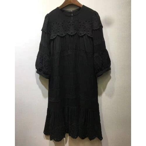 Womens Dress 2021 Summer Fashion Style High Quality Ladies Hollow Out Embroidery Patchwork Half Sleeve Casual Black Dress Loose