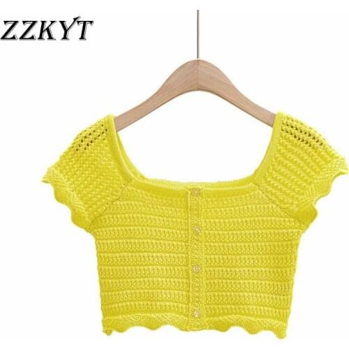 ZZKYT 2021 Women Summer Vintage Yellow Crochet Single Breasted Cropped Tops Tees Fashion Square Collar Casual Slim Chic Tops
