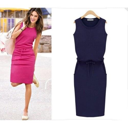 5XL Plus 2020 Summer New Women Sleeveless Solid Slim Bodycon Pencil Dress Vestidos Drawstring Waist Casual Beach Party Dresses