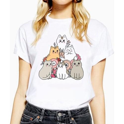 6 cats Funny Cartoon Graphics Print Women T shirt Ladies Short Sleeve O-Neck T-shirt 5 colors Harajuku Tee Shirt