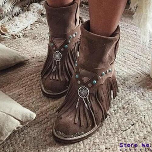Women ankle boots chunky low heels ladies chaussure vintage PU leather gladiator tassels shoes woman zapatos mujer sapato HP2245