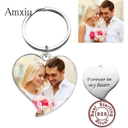 Amxiu Personalized Photo Keychains 925 Sterling Silver Heart Pendant Key Chain Custom Family Photo Key Chains For Women Jewelry