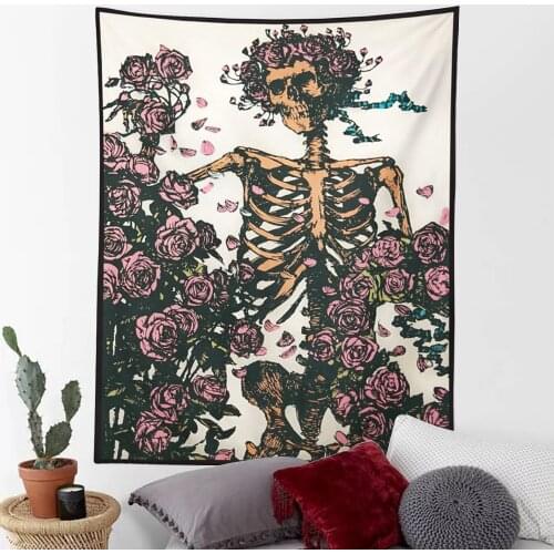 Skull Tapestry Flowers Tapestry Wall Hanging, Pink and White Romantic Skeleton Tapestry for Living Room Bedroom Dorm Decoration