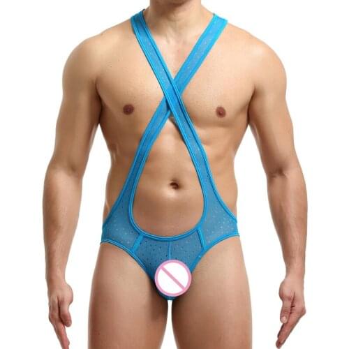 Men Jumpsuits Sexy Teddies Lingerie Belt Gay Mens Jockstrap Briefs Underwear Men Bodysuit Wrestling Singlet Undershirt Open Butt