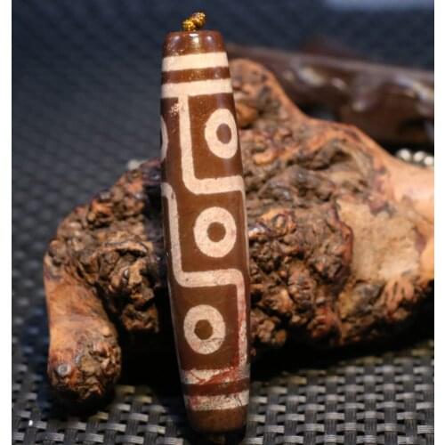 Energy Tibetan Old Agate FULL Cinnabar Dots 9 Eye King Long dZi Bead Amulet 80MM Timestown UPD22