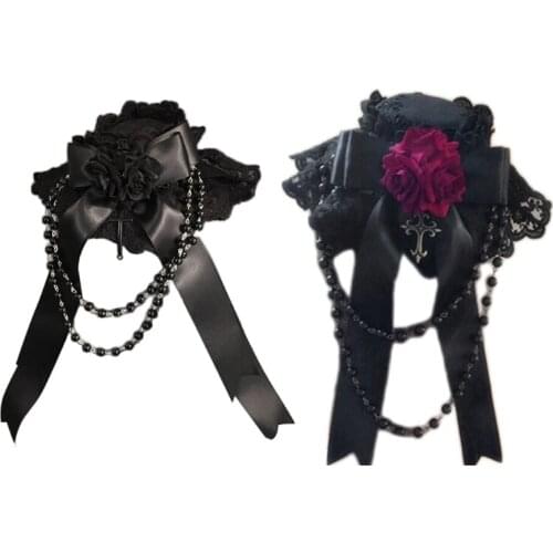 Lolita Headdress Flower Lace Top Hat Gothic Ribbon Bows Hat Vintage Bowknot Headwear Halloween Cosplay Headpiece