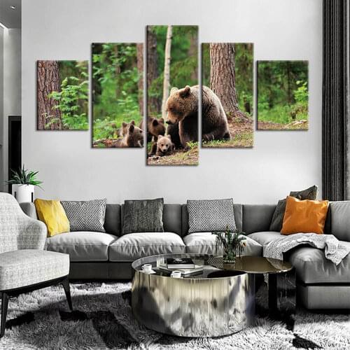 Canvas Paintings Living Room Prints Brown Bear Animals Posters 5 Pieces Grizzly Bear Pictures Wall Art Home Decor
