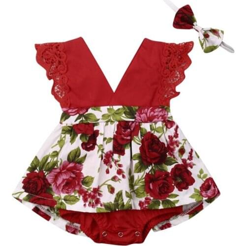 Newborn Infant Kid Baby Girl Lace Floral Bodysuit Sleeveless Summer Jumpsuit Headband Outfit Clothes Set