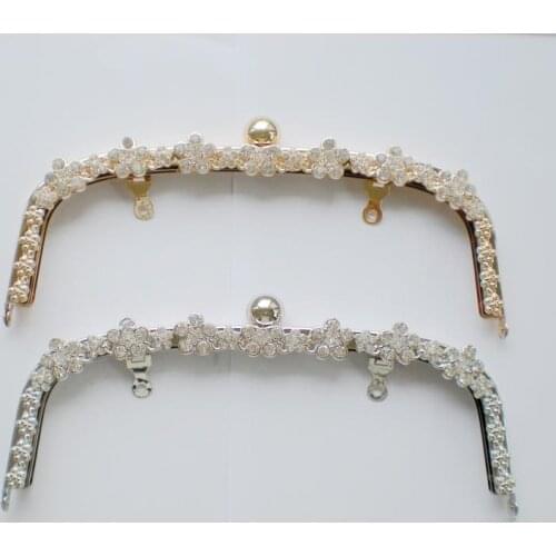 22cm golden silver color metal female DIY bag metal clasp purse frame flower diamond decoration and with free screws 2pcs/lot