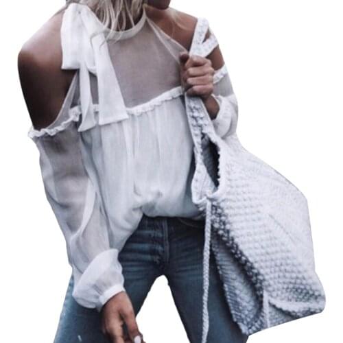 Summer Fashion Off Shoulder Solid Chiffon Women Blouse Casual Long Sleeve Bandage Mesh Blouse Shirt Tops Female Plus Size
