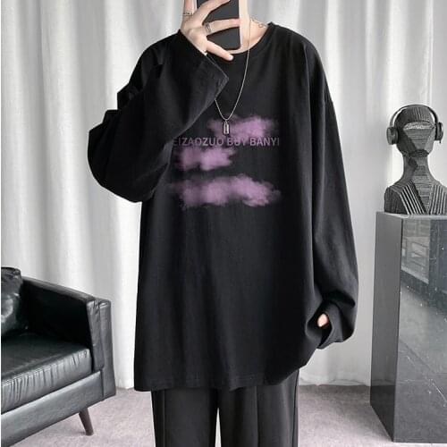 Mens long sleeved loose T-shirt The trend goes with INS casual port style top shirt Long sleeve T-shirt of youth trend
