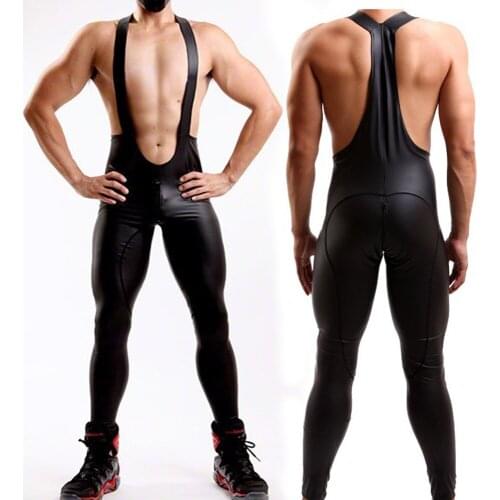Men Shiny Latex Faux Leather Bodysuit High Elasticity Sexy Vest 2 Two Way Zipper Open Black Bodywear Club Punk Dance Gay Wear