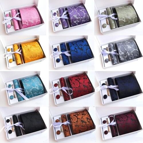 Mens Floral Paisley Wide Necktie Pocket Square Cuff Links Tie Clip Set With Box BWTHZ0508