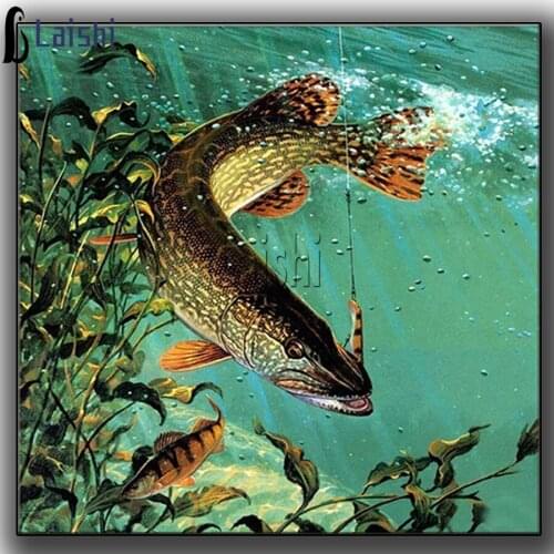 Diamond Painting Kit, Fishing illustration Full Round Square Diamond Mosaic, Underwater Fish Art Cross Stitch Sticker Gift