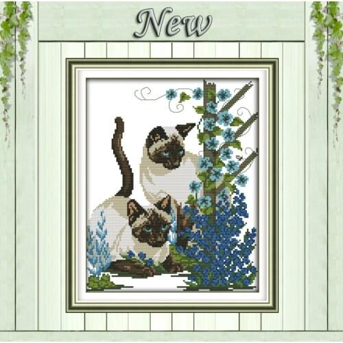 Two baby cats lovely animal blue flower painting Counted printed on canvas 14CT 11CT Cross Stitch Needlework kits Embroidery Set