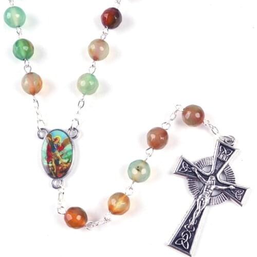 New Fashion Round Faceted Colorful Stone Beads St Michael Archangel Catholic Chain Rosary Necklace