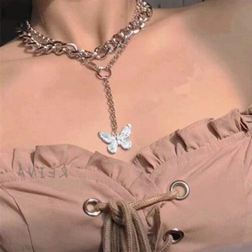 New Karajuku Fashion Cool butterfly Choker Necklaces Stainless Steel Chain Pendant for Women Men Two Layers Party Gifts Jewelry