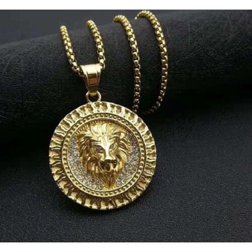 Stainless steel flame patterned lion head pendant necklace