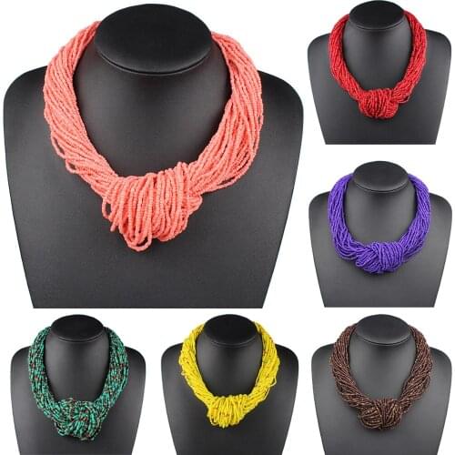 Small Beads Knot Necklace Women Bohemian Jewelry Fashion Multi Layer Vintage Handmade Choker 15 Colors Ethnic Statement Necklace
