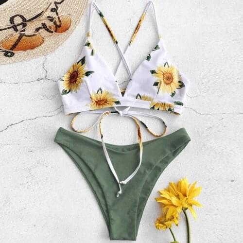 Sexy Tie Dye Bikini Sunflower Print Push Up Bandage Cross Swimsuit Women Bathing Suit Tube Top Thong Swimsuit Biquini 2020