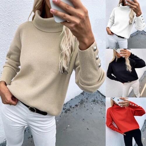 Basic Turtleneck Women Elasticity Sweaters Autumn Winter Tops Slim Women Buttons Pullover Knitted Sweater Jumper Soft Warm Pull