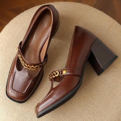 Womens genuine leather thick high heel square toe slip-on pumps elegant ladies retro OL style soft comfortable four season shoe