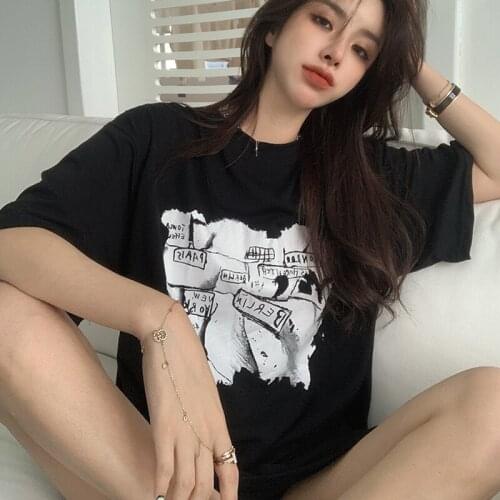 Summer 2021 Short-Sleeved Mid-Length Loose Print Street Fashion Top Womens Summer Bottoming Shirt t-Shirt