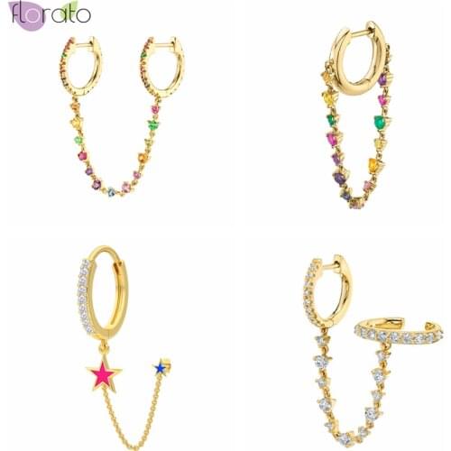 1pc 925 Sterling Silver Ear Buckle Minimalist Rainbow Pendant Chain Hoop Earrings Exquisite CZ Fashion Jewelry Gifts For Women