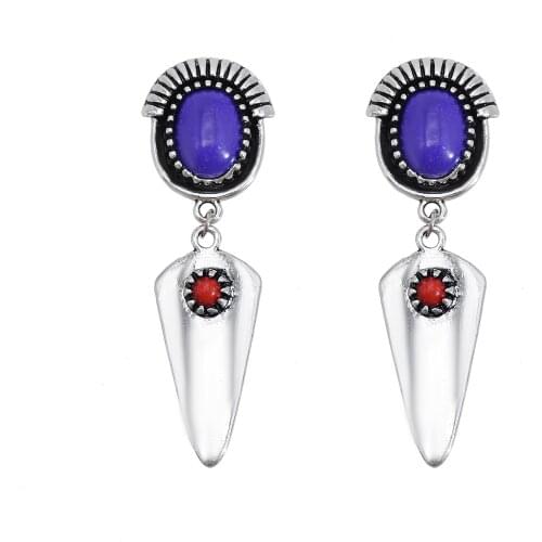 Geometric Blue Purple Stone Geometric Drop Earrings for Women Boho Vintage Silver Color Metal Earring Party Jewelry Gift