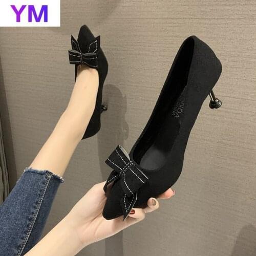 Hot 2021 Black Bowknot Fashion Women Pumps Pointed Toe High Heels Casual Ladies Size 34-40 Design Zapatos De Mujer Plataforma