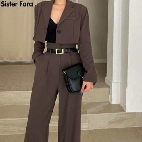 Sister Fara Elegant Spring Ladies Two Piece Set Long Sleeve Short Blazer+High Waist Wide Leg Long Pants Autumn Casual 2piece Set