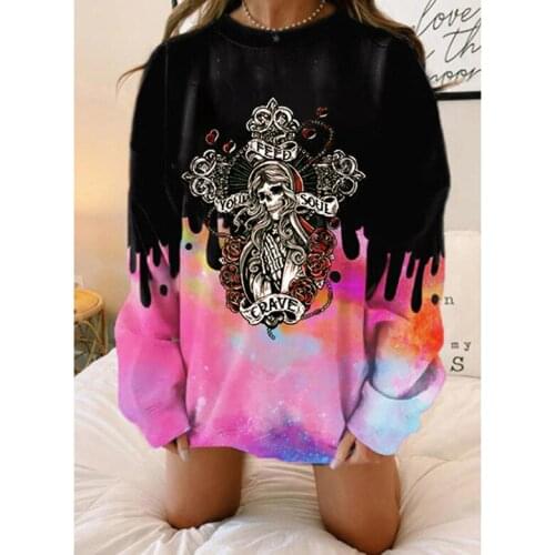 Skulls Printing Women Pullover Casual Loose Long Sleeve T-shirt Harakuju Oversized Contrast Color 2021 Summer Female Swearshirts