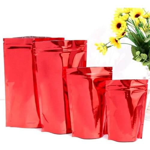 100Pcs Stand Up Red Packaging Bags Resealable Mylar Aluminum Foil Packing Pouch Various Sizes Ziper Lock Food Storage Bag