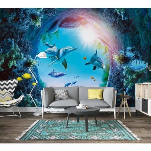 3D underwater world dolphin background wall paper murals