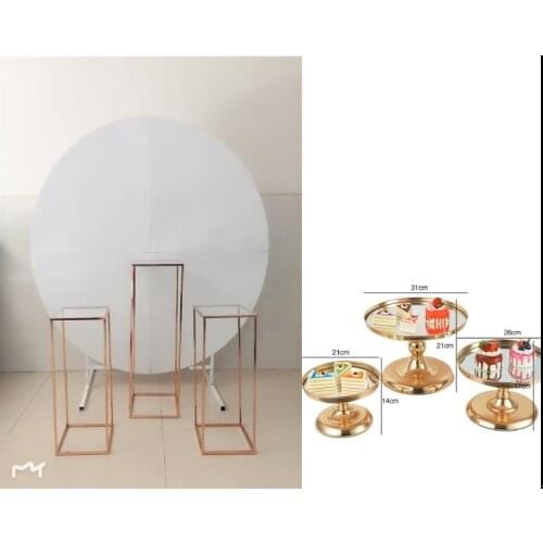 7pcs Wedding Supplier Party Backdrops White Iron Circle Frame Board With Glossy Gold Plinths Pillar And Mirror Cake Holder Sets