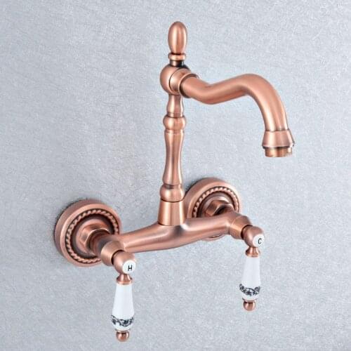 Antique Red Copper Wall Mounted Dual Ceramic Handles Swivel Spout Kitchen Sink Mixer Tap / Bathroom Basin Faucets Nsf889
