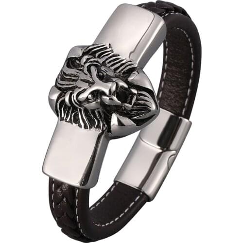 Brown Leather Hand Bracelet Men Lion Head Stainless Steel Magnetic Buckle Punk Rock Bangles Male Wristband Party Jewelry SP0825
