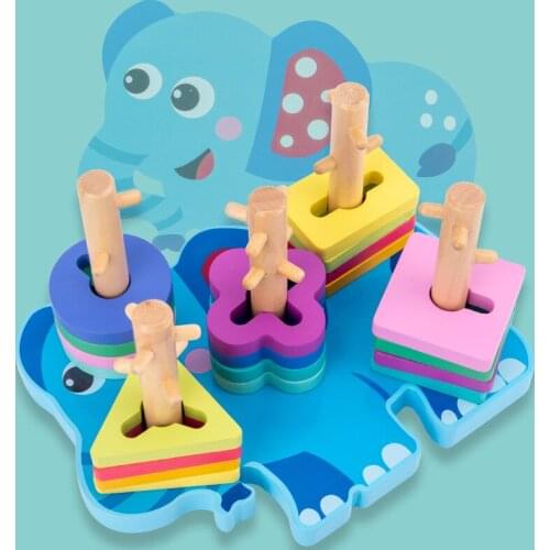Montessori Wooden Geometric Shape Sets of Columns Puzzle Matching Building Blocks Color Recognition Wooden Childrens Toys