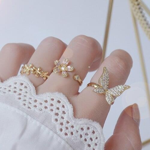 Exquisite copper inlaid zirconium sweet butterfly flower ring 14K real gold plated womens prom party open ring Korean jewelry