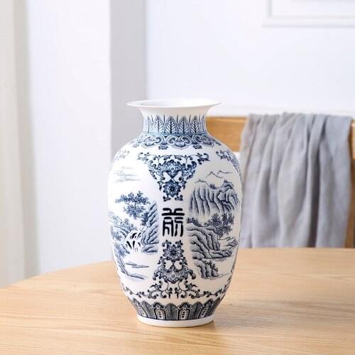 Jingdezhen Ceramic Vase Retro-ancient Landscape Dumb Blue and White Porcelain Flower Arrangement Small Dry Flower Vase Porcelain