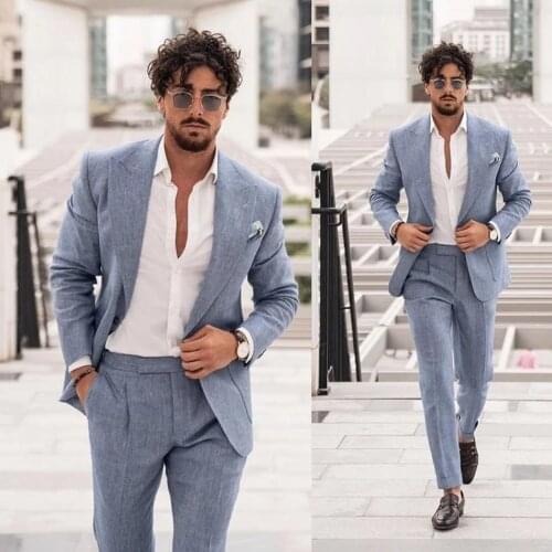 Handsome Summer Mens Customized Wedding Tuxedos Slim Fit One Button Jacket Business Party Prom Blazer 2 Piece