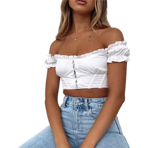 Womens Off Shoulder Crop Tops Sexy Short Sleeve Central Single-Row Clasp Frill T-Shirt Summer Zipper Basic Tee