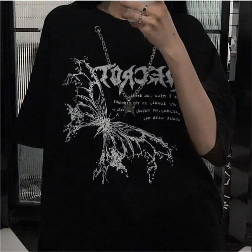 Summer Butterfly T Shirt Women Cotton Japan Black Funny T-shirt For Girl Loose Cartoon Ladies Oversize White Tops Cute T Shirts